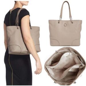 Tory Burch Whipstitch Logo Tote in French Gray #29668 Pebbled Leather Dust Bag